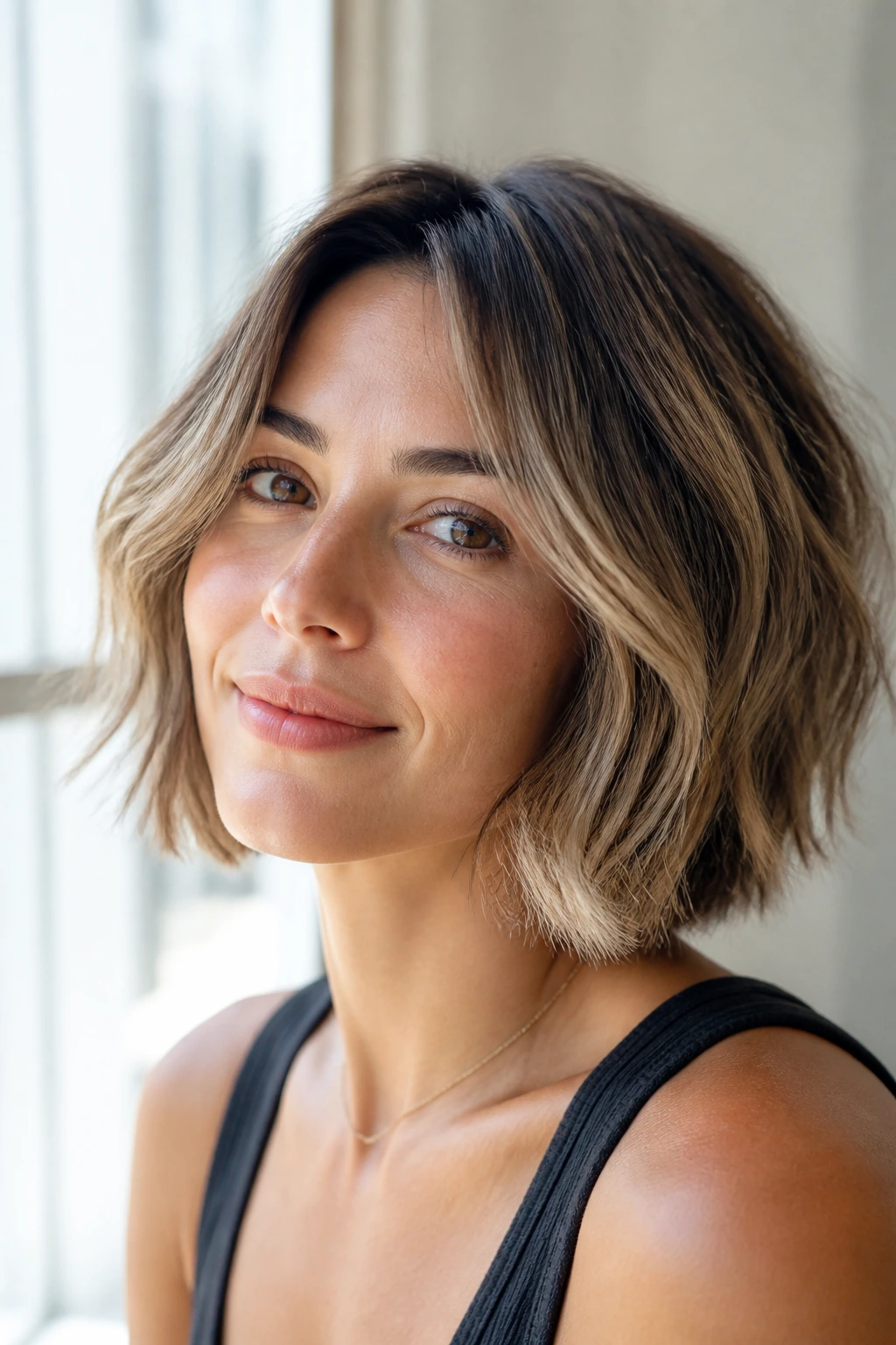 Close-up portrait of a person with a textured bob haircut