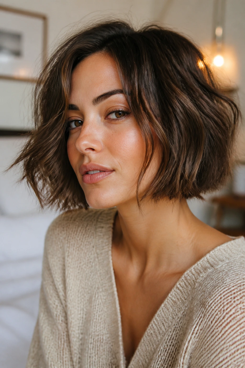 Close-up portrait of a real woman with a textured bob in warm light.