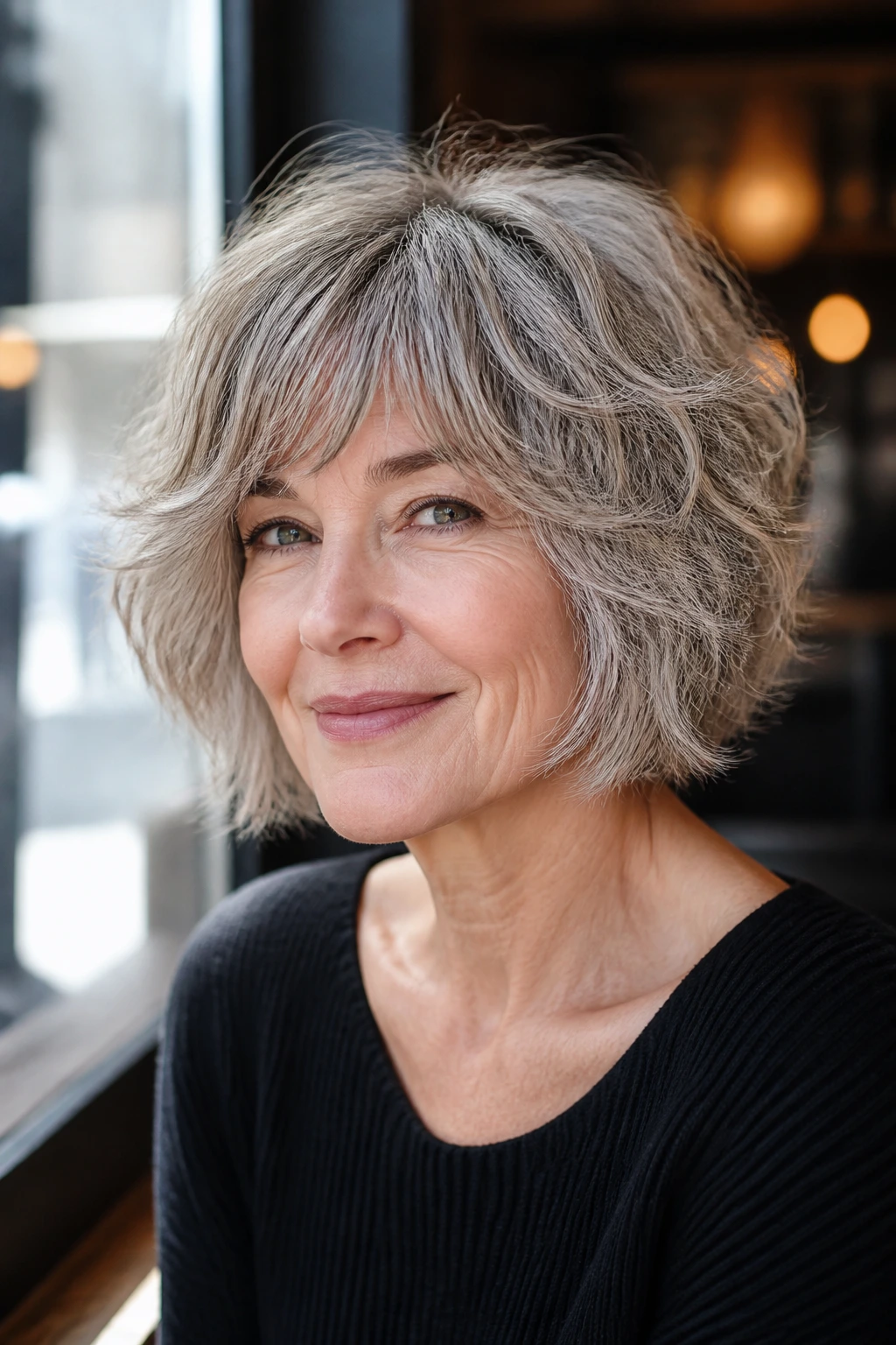 Close-up portrait of an older woman with a textured bob shag hairstyle