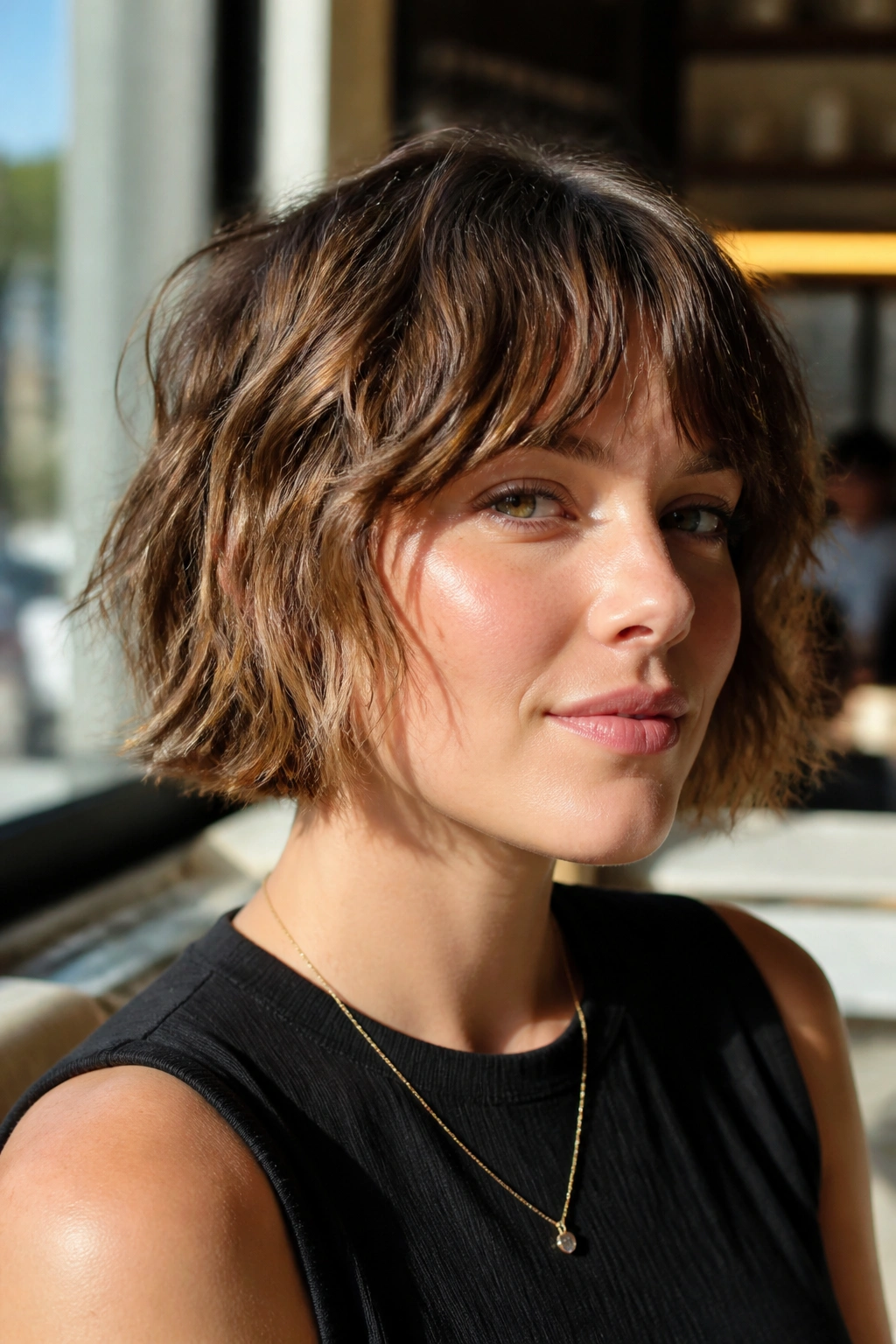Portrait of a real person with a textured bob shag hairstyle