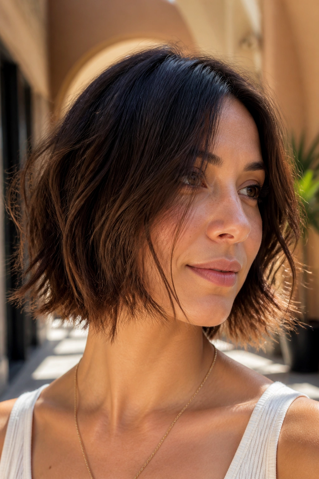 Close-up of a woman with a textured bob and shattered ends