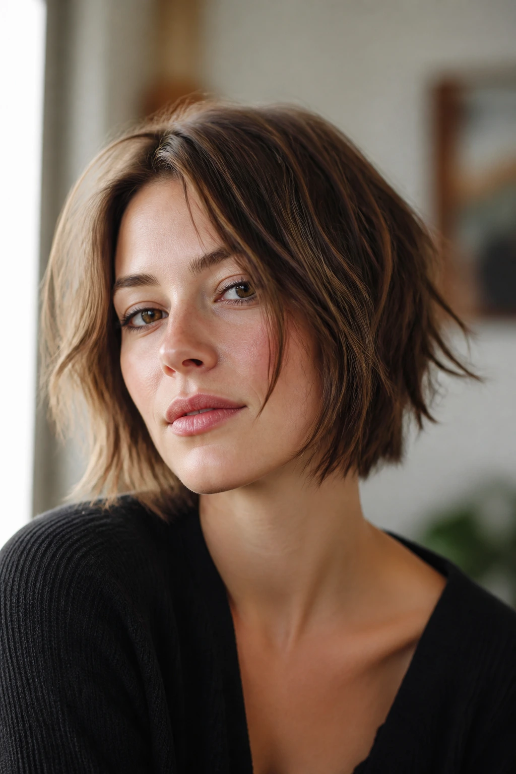 Close-up portrait of a real woman with a textured bob and soft ends.