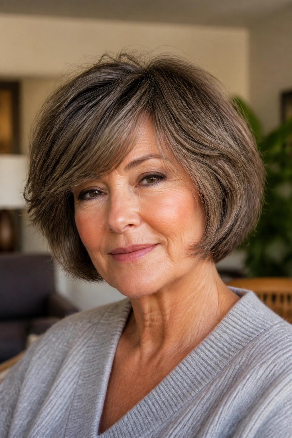 Close-up of real woman with textured bob for thick hair