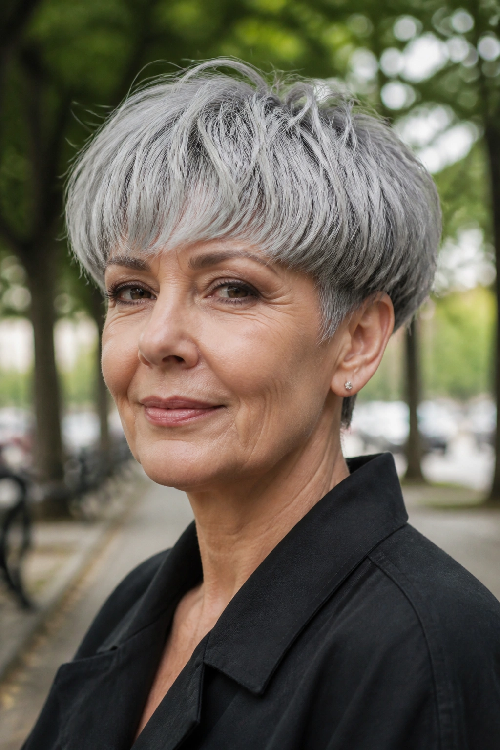 Close-up portrait of a real woman with a textured bowl-inspired cut