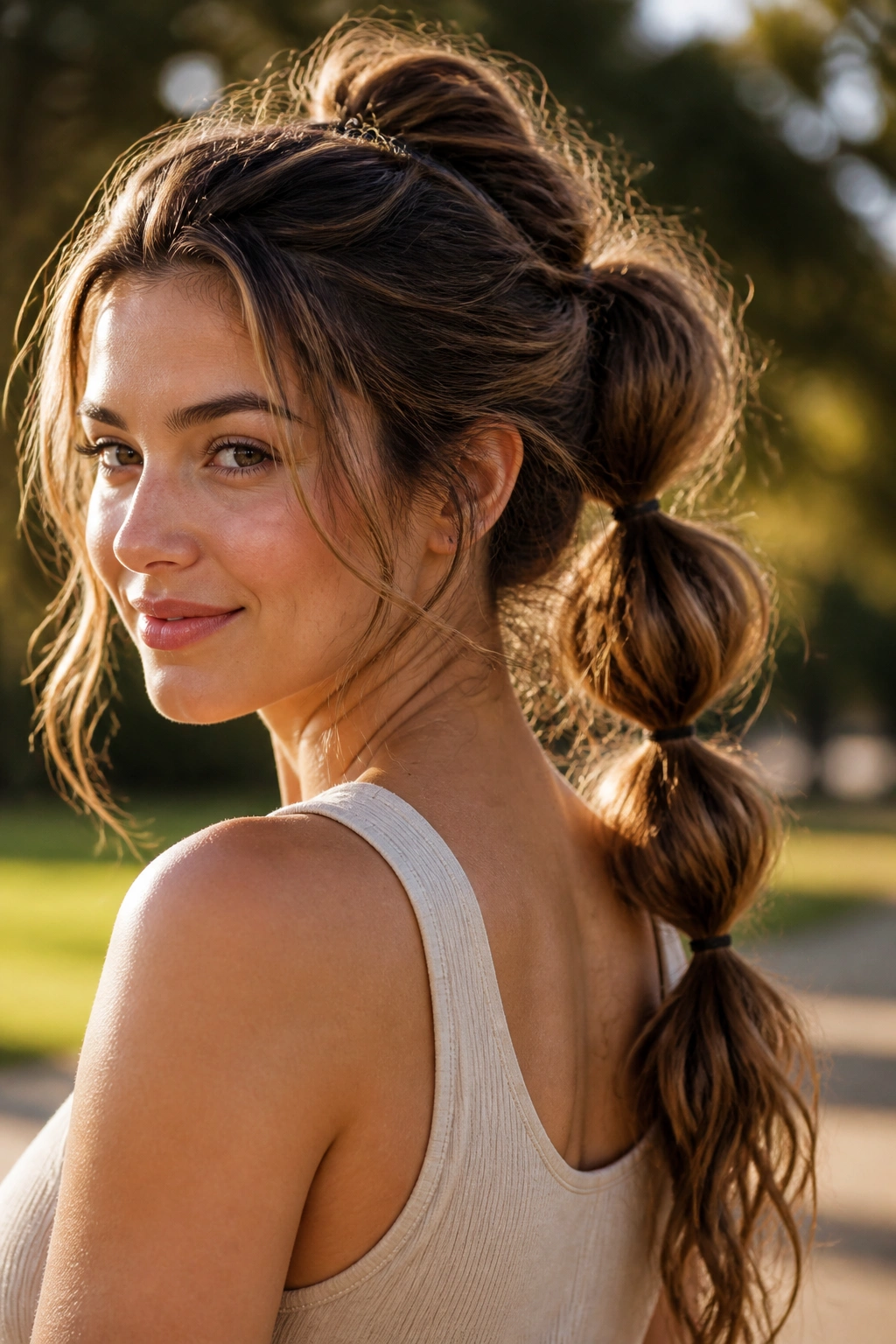 Close-up of a real woman with a textured bubble ponytail on wavy hair with loose strands.