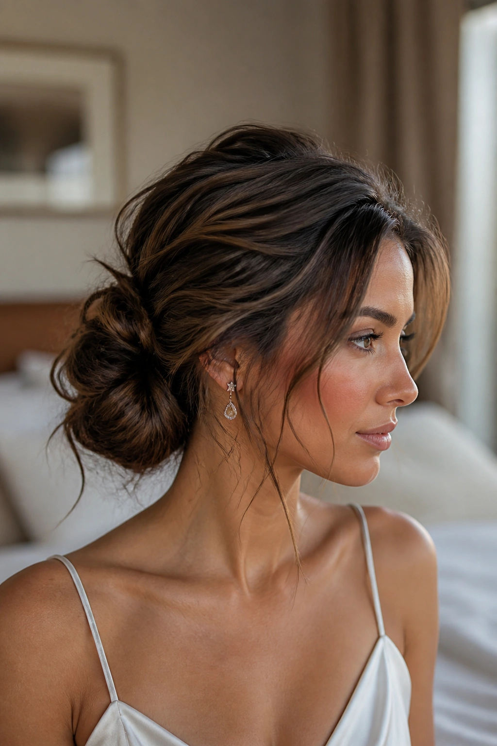 Close-up portrait of a woman with a textured low-side chignon in warm window light