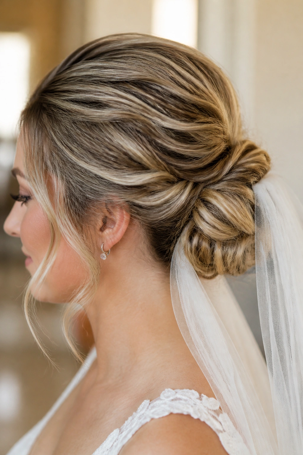 Close-up of a bride with a textured bun and veil anchor