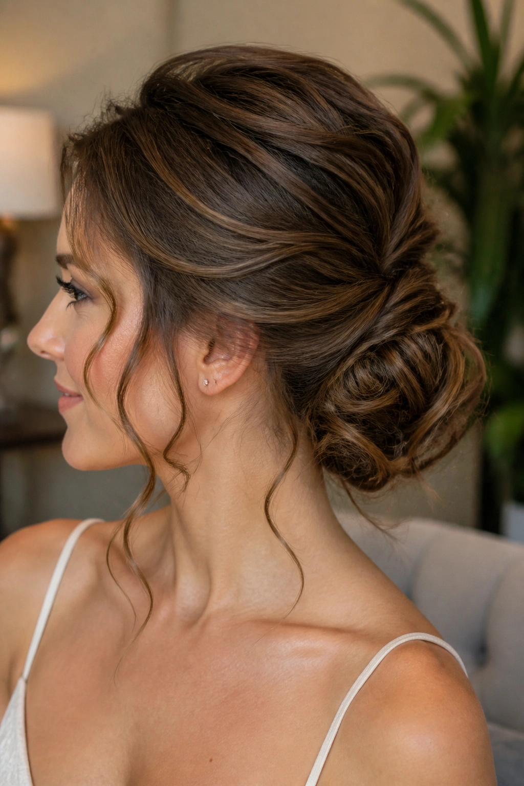 Close-up portrait of a woman with a textured low chignon and light curls at the temples under warm light.