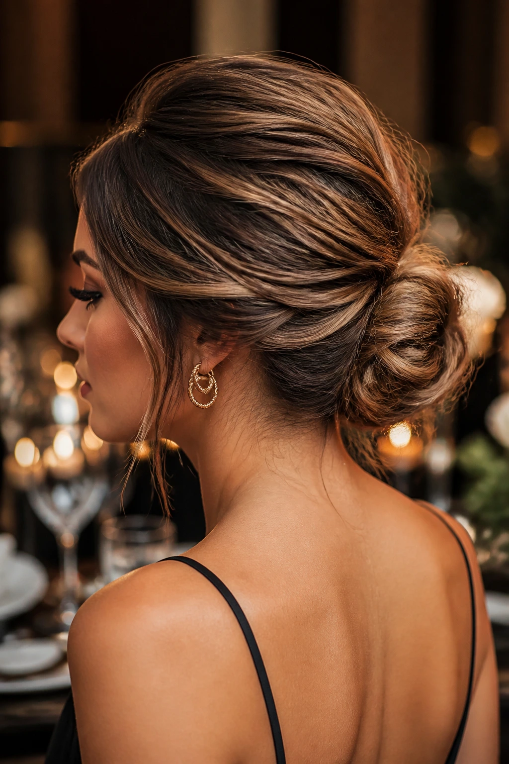 Close-up of a real woman with a textured chignon in warm dinner light