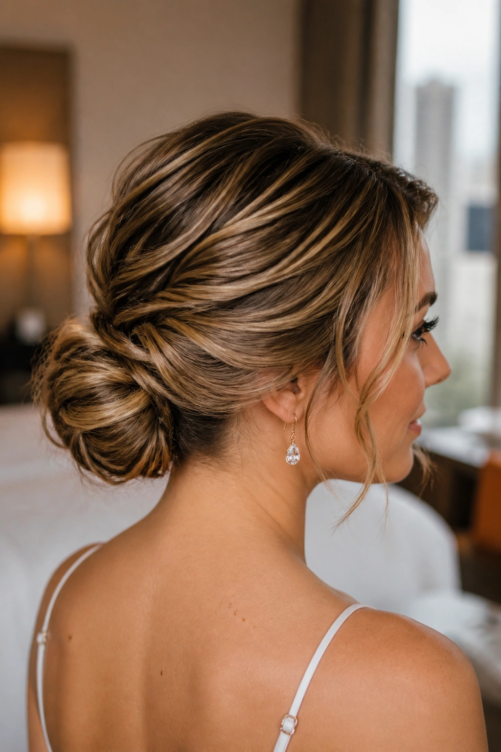 Close-up of a woman with a textured chignon secured with invisible pins