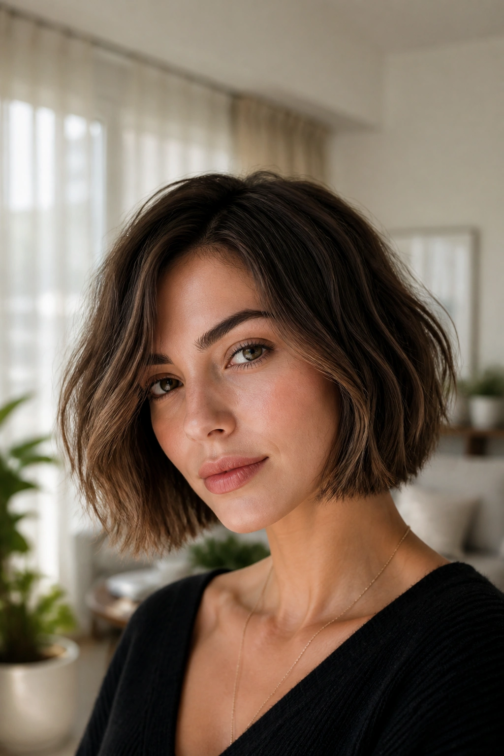 Real woman with textured chin-length bob
