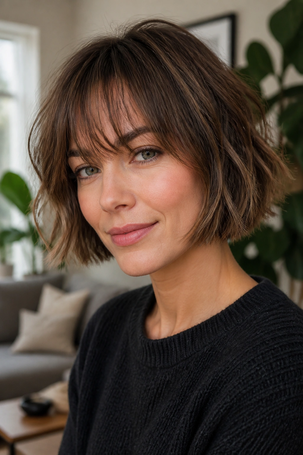 Portrait of a real person with textured chin-length bob and wispy bangs in a cozy living room