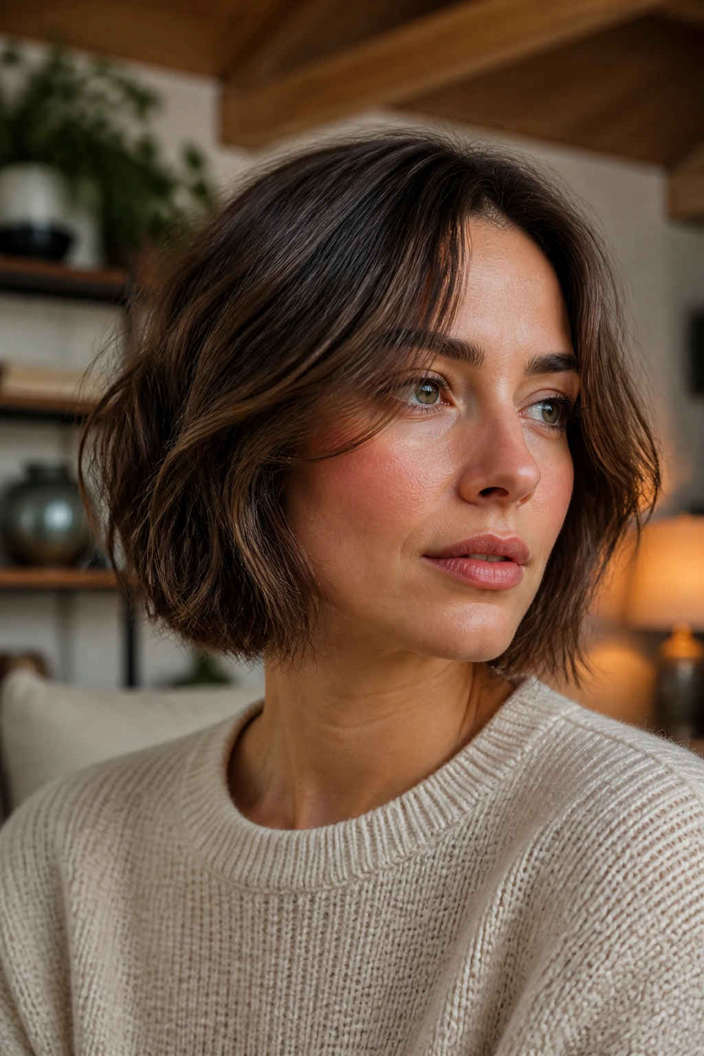 Real woman with textured chin-length lob showing interior layers.