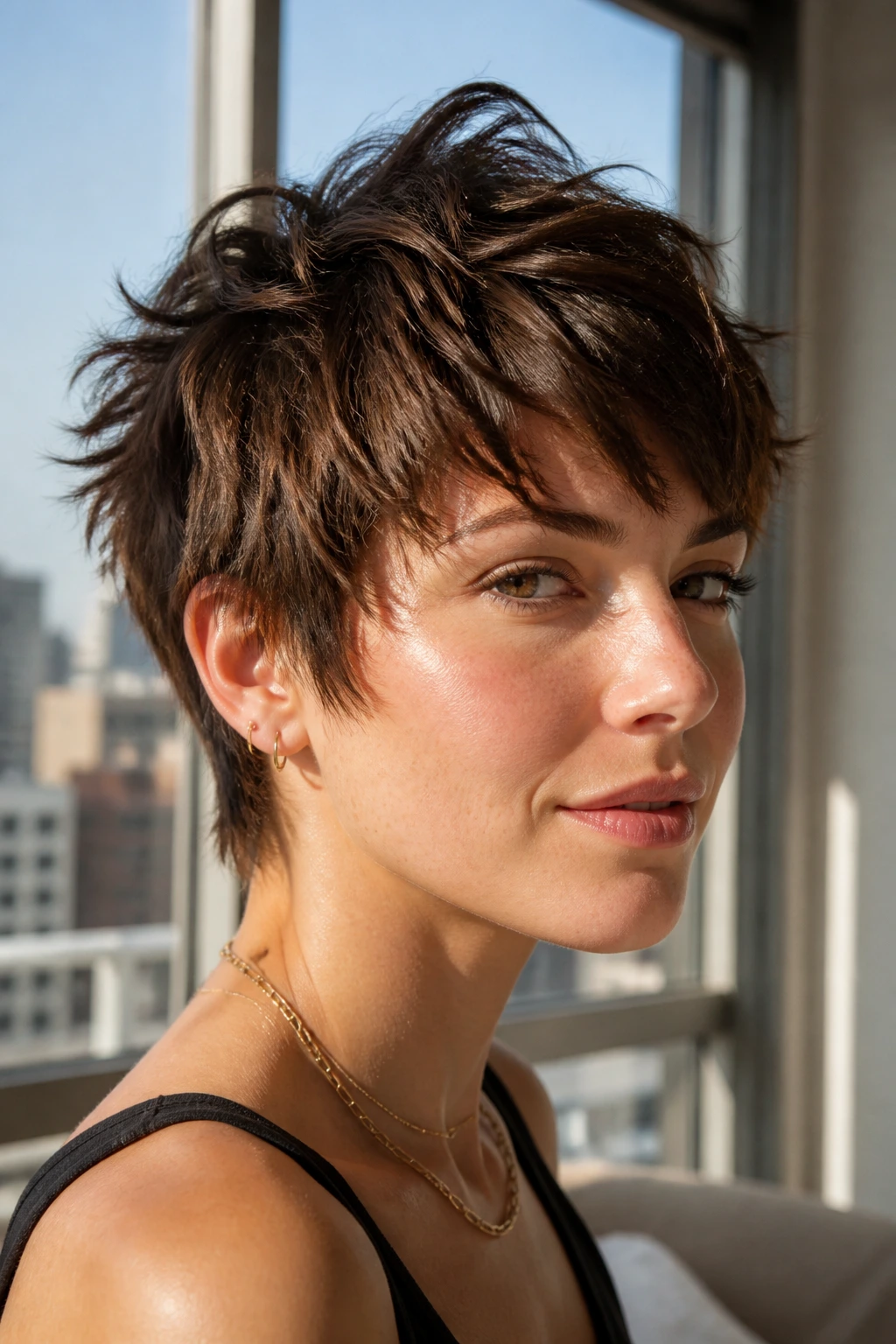 Close-up of a real person with textured choppy layers in natural light
