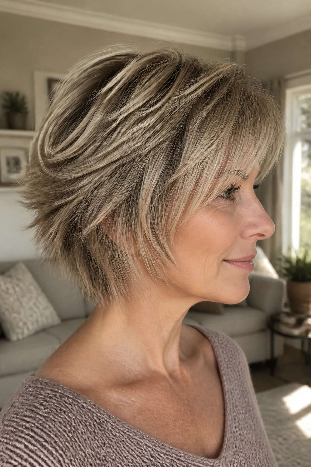 Close-up portrait showing textured choppy stack haircut with shattered ends.
