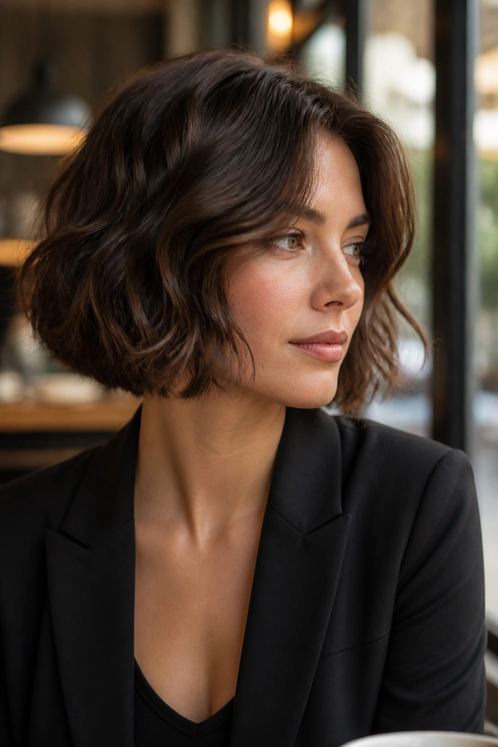 Close-up of textured cocoa bob with soft waves on real woman