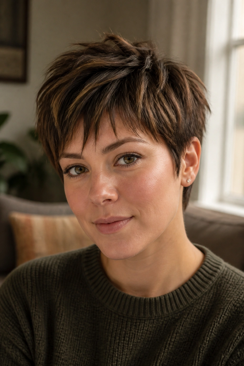 Close-up portrait of a woman with a textured crop and piecey bangs in natural daylight