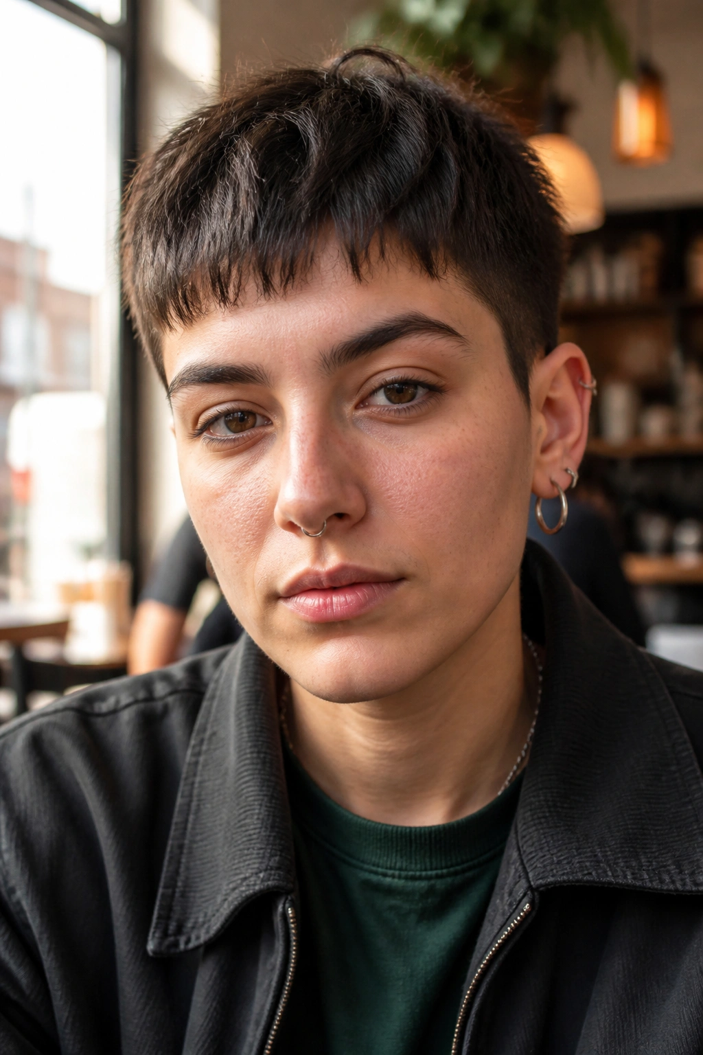 Close-up of a real person with a textured crop and choppy fringe in warm light.