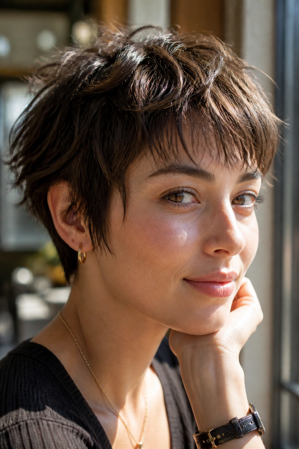 Close-up of a real woman with a textured crop and choppy layers around the ears in warm cafe light