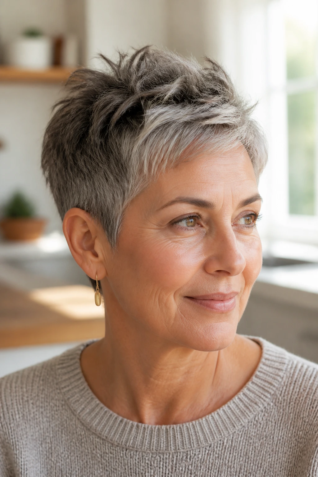 Portrait of a real woman with a short textured crop and crown lift.