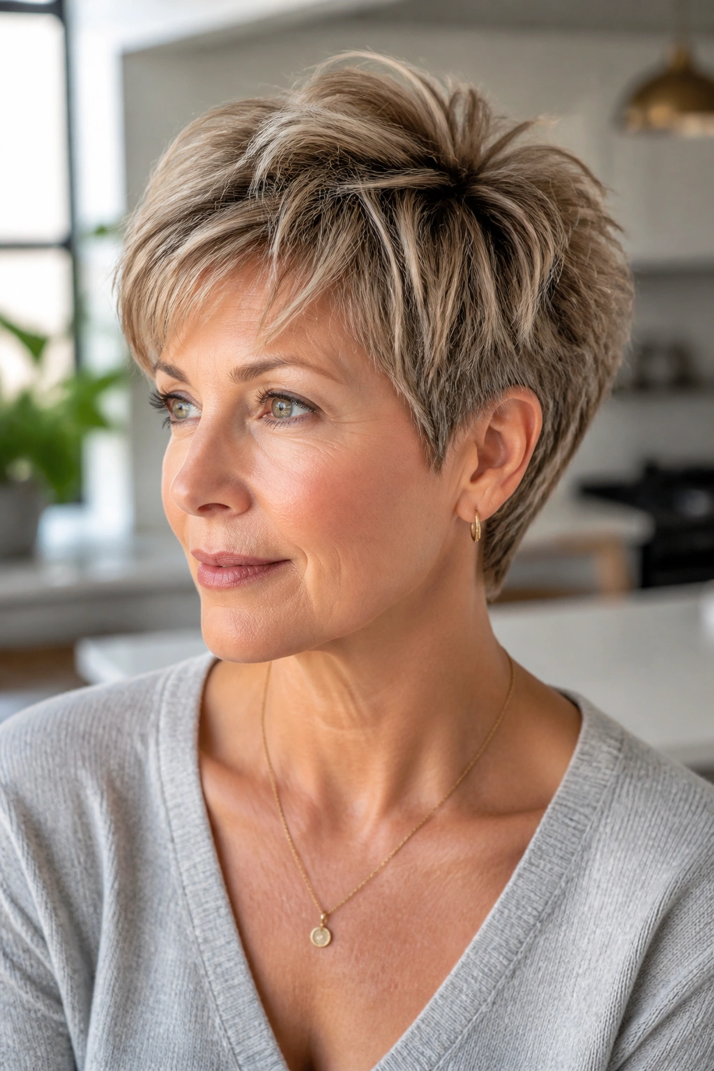 Close-up of a real woman with a short textured crop for fine hair in a bright home setting