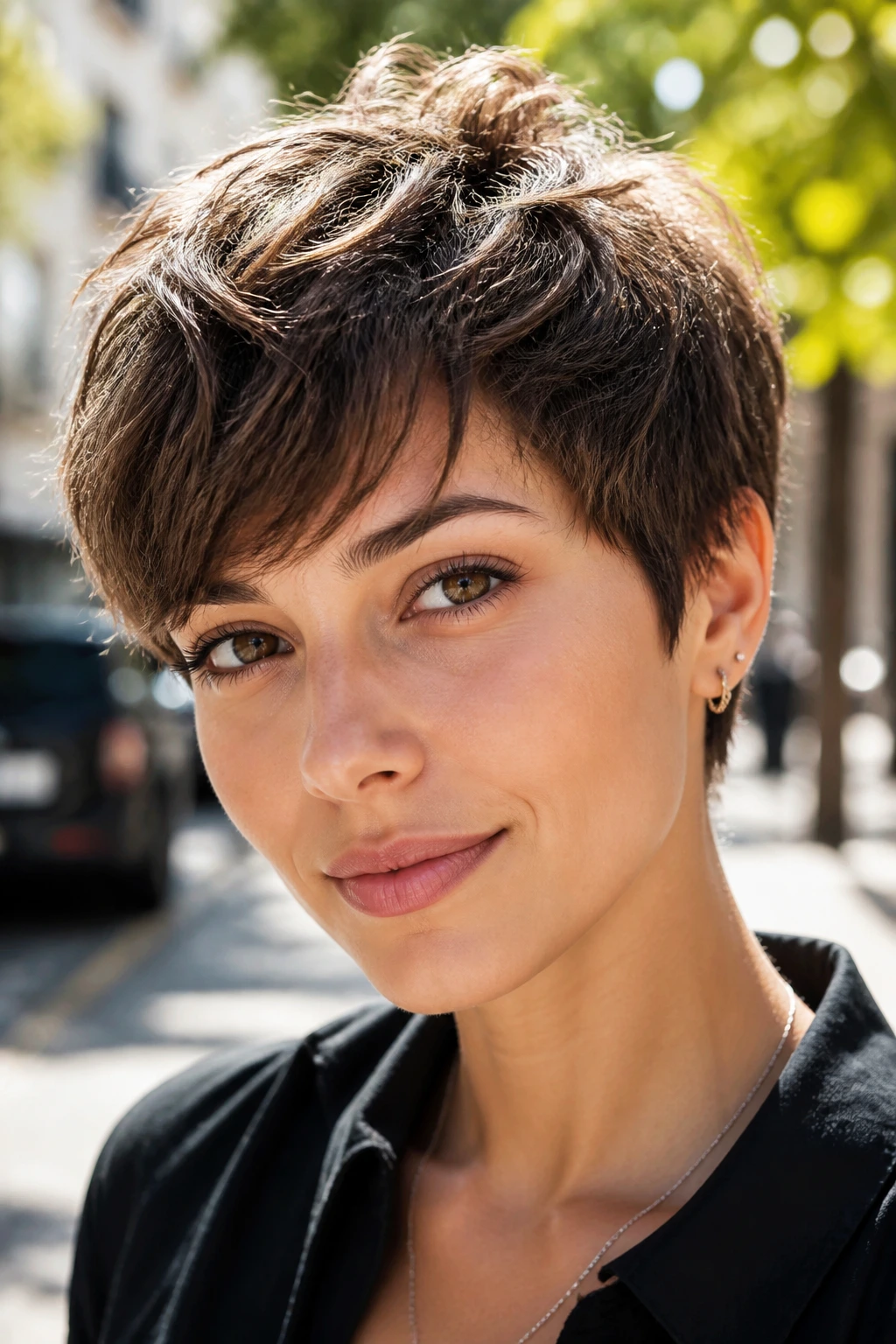Close-up of a real woman with a short textured crop for fine hair.