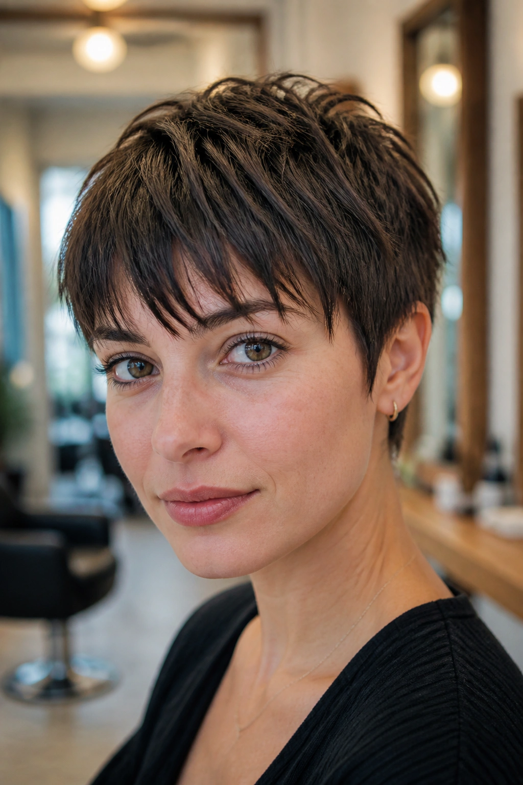 Close-up portrait of a real person with textured crop and piecey fringe in warm salon light