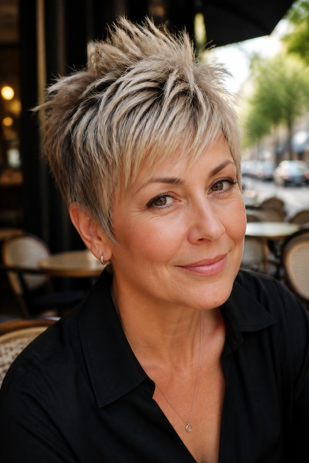 Close-up of a real woman with textured crop and piecey fringe