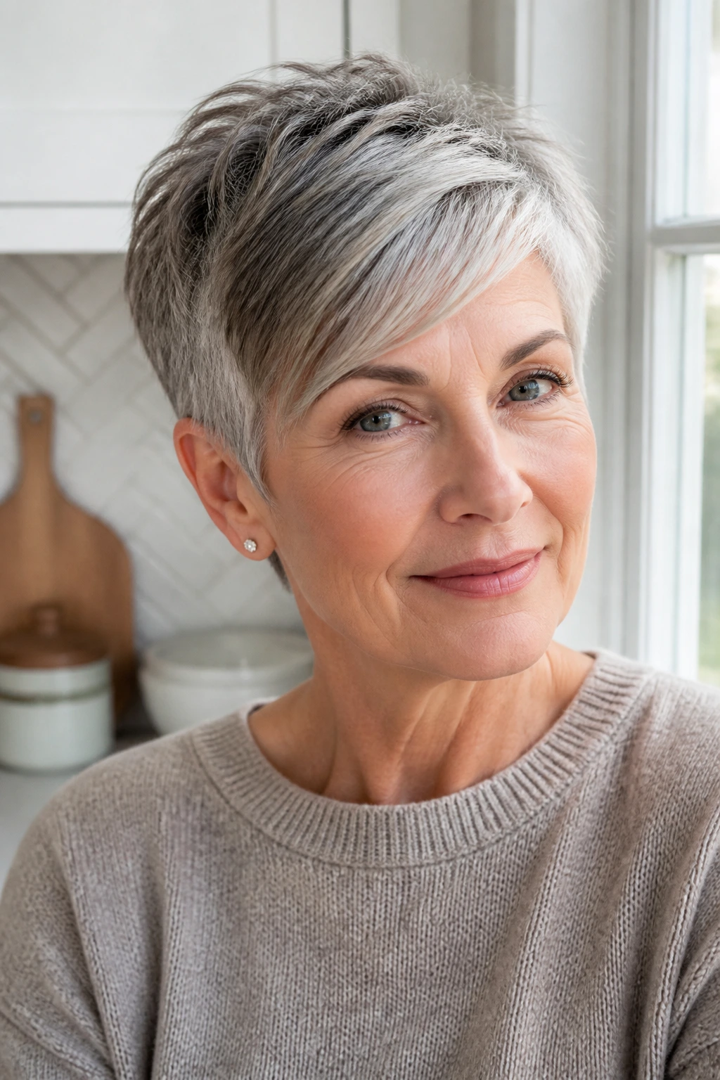 Close-up portrait of a real woman with a textured crop and side-swept fringe in a sunlit kitchen.