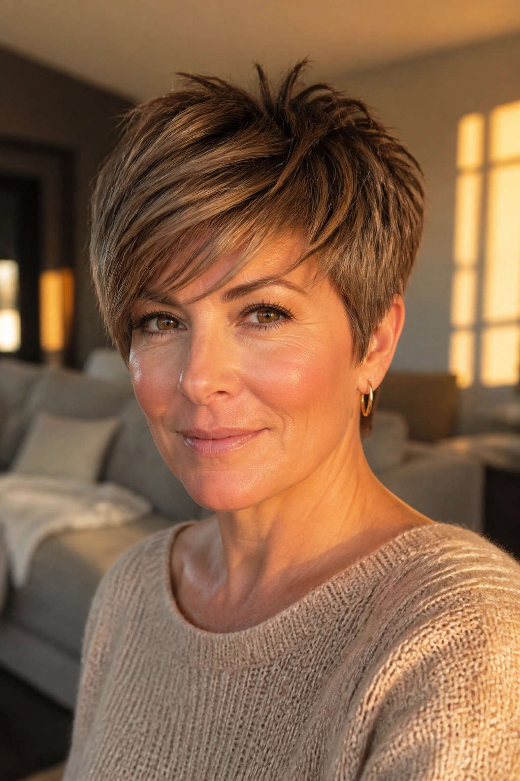 Close-up portrait of a real woman with a textured crop and fringe under warm sunset light