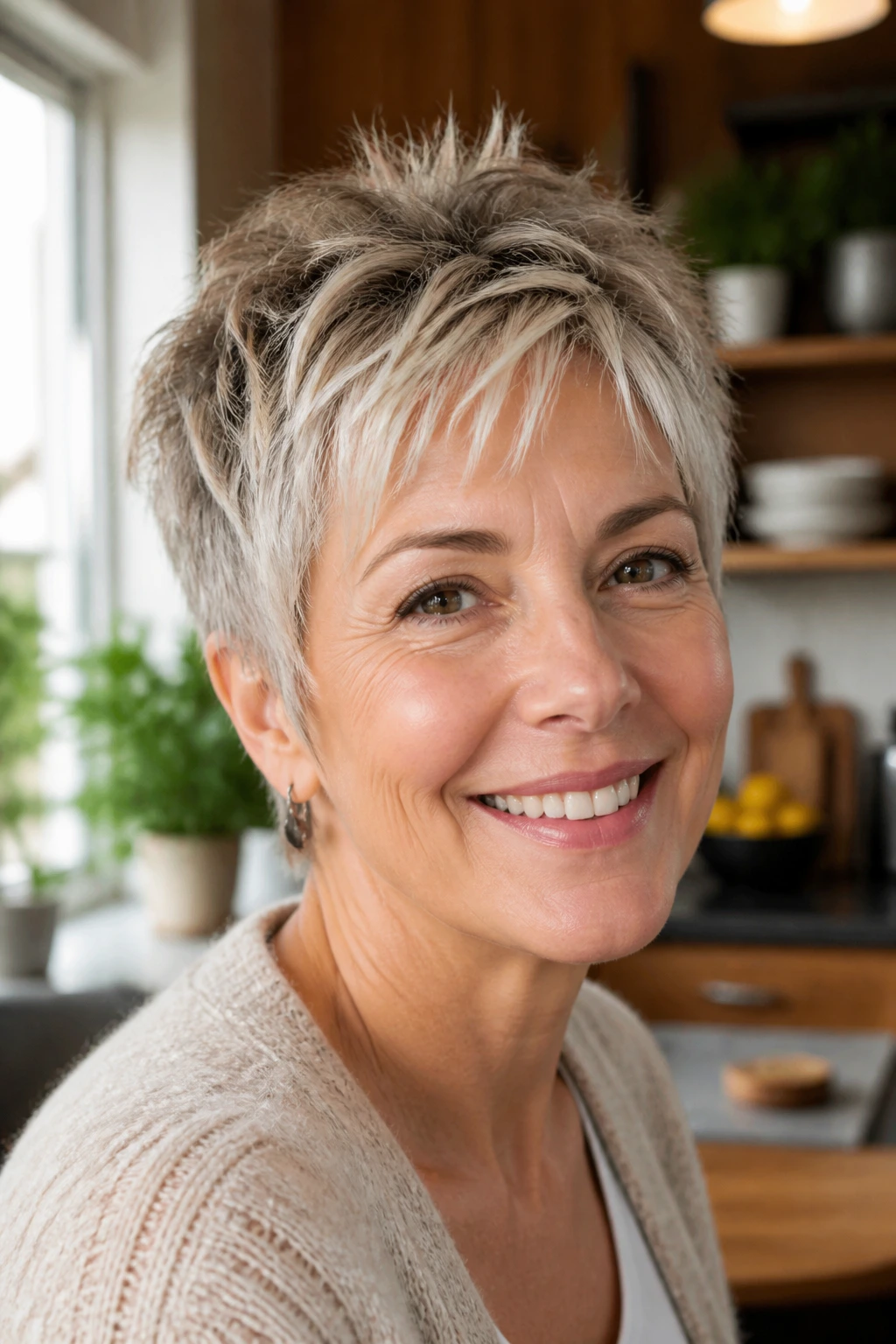 Close-up portrait of a real woman with a textured crop and gray hair