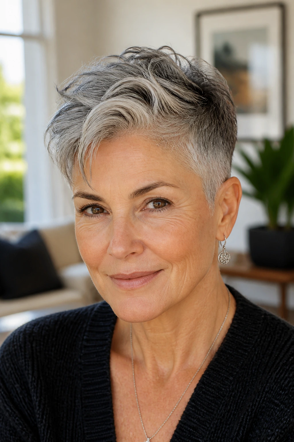 Close-up portrait of a real woman with a textured crop and long top in gray hair