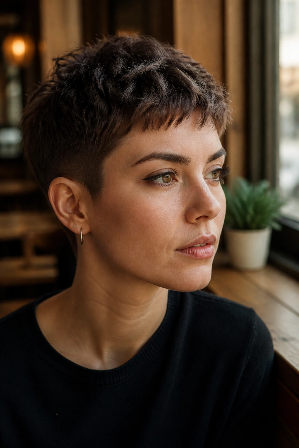 Close-up of a real woman with a textured crop hairstyle in a warm cafe setting.