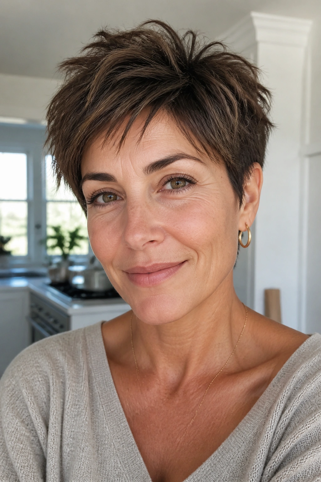Close-up of a woman with a textured crop hairstyle in a sunny home setting.