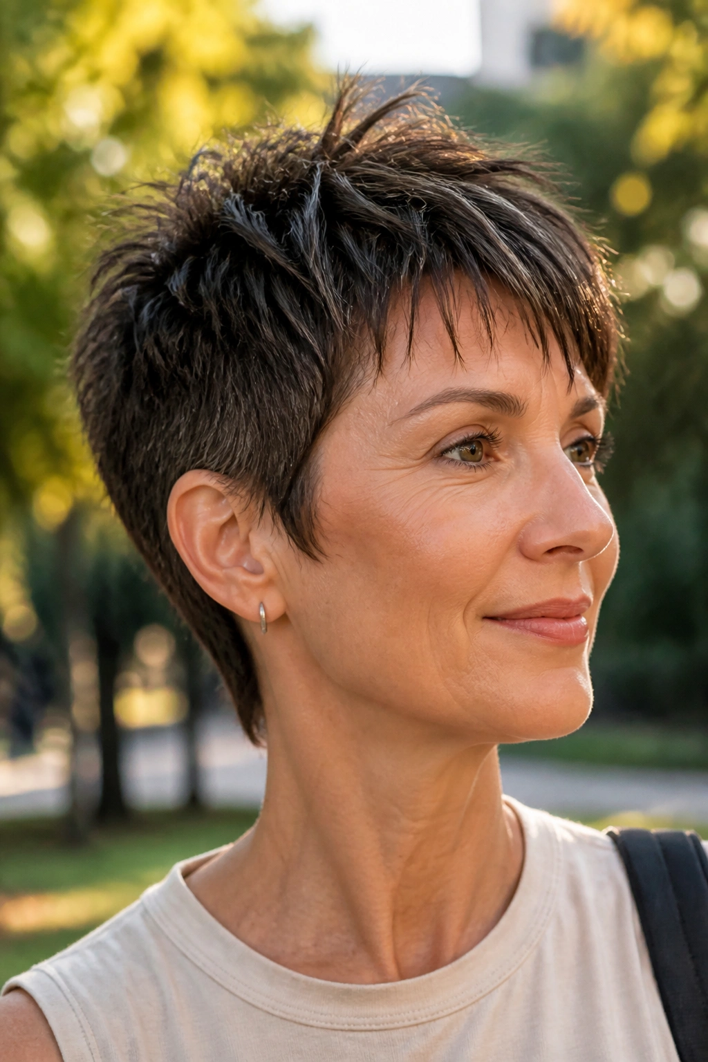 Portrait of a real woman with a short textured crop hairstyle outdoors