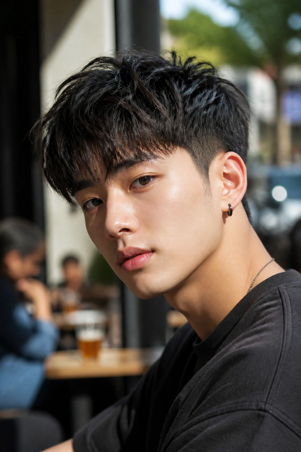 Portrait of a man with textured crop haircut featuring choppy layers and forward fringe.