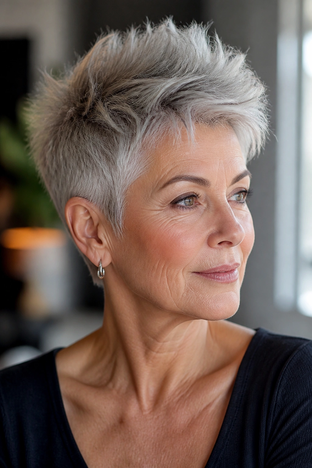 Close-up of a real woman with a textured crop and lifted crown