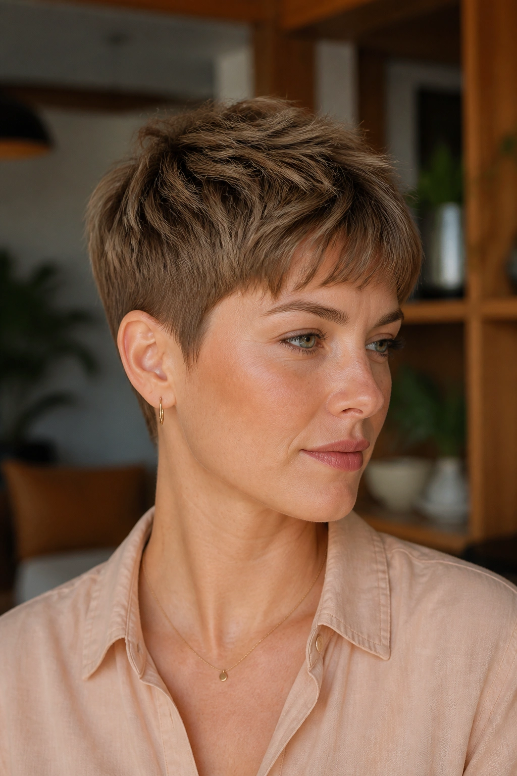Portrait of a woman with textured crop and longer crown