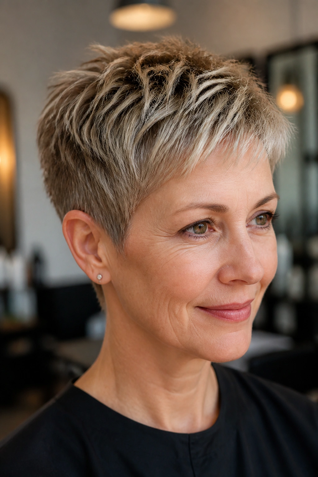 Close-up of a real woman with a textured crop featuring micro-layers at the crown.