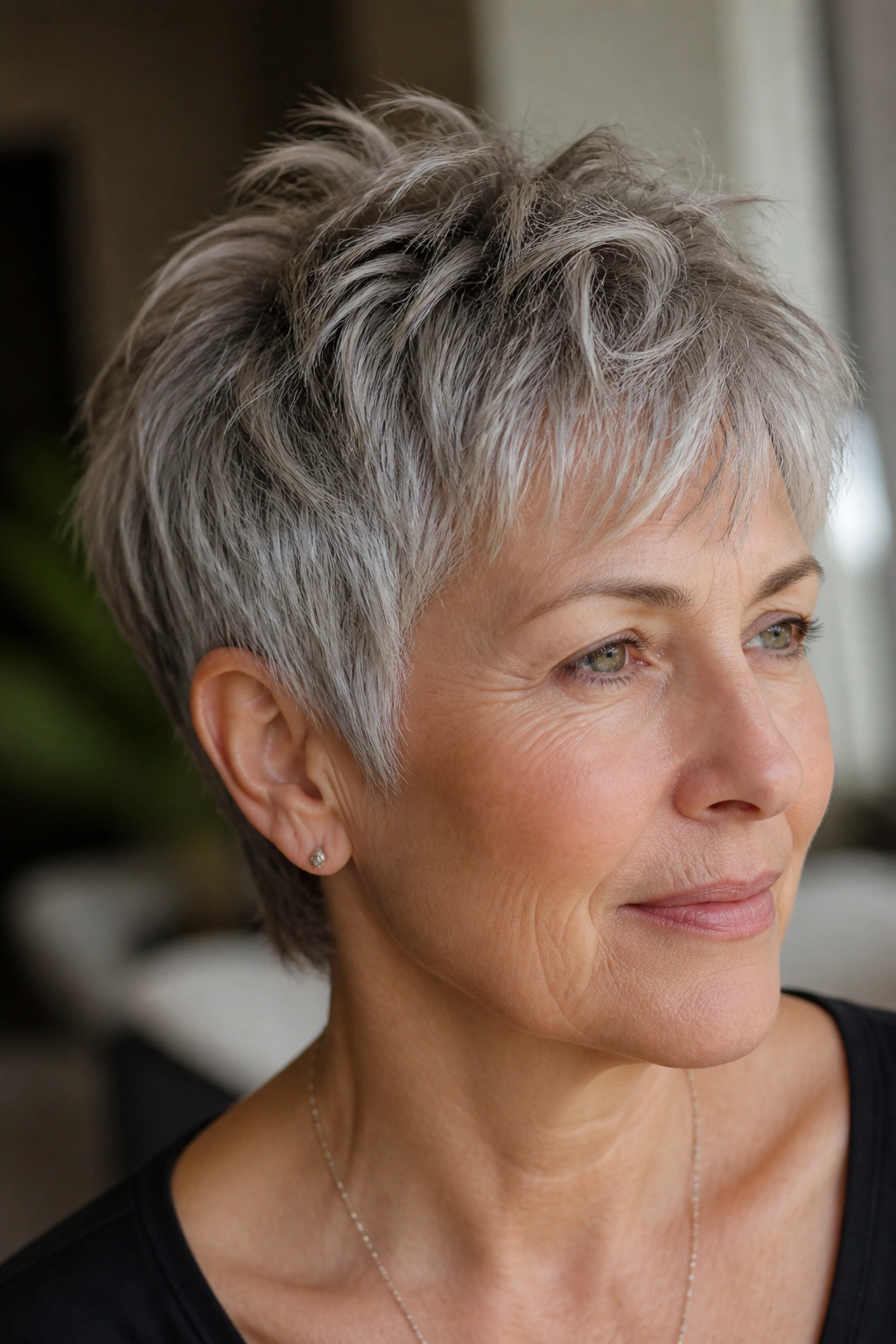 Close-up of gray-haired woman with textured short crop and piecey finish in soft indoor light.
