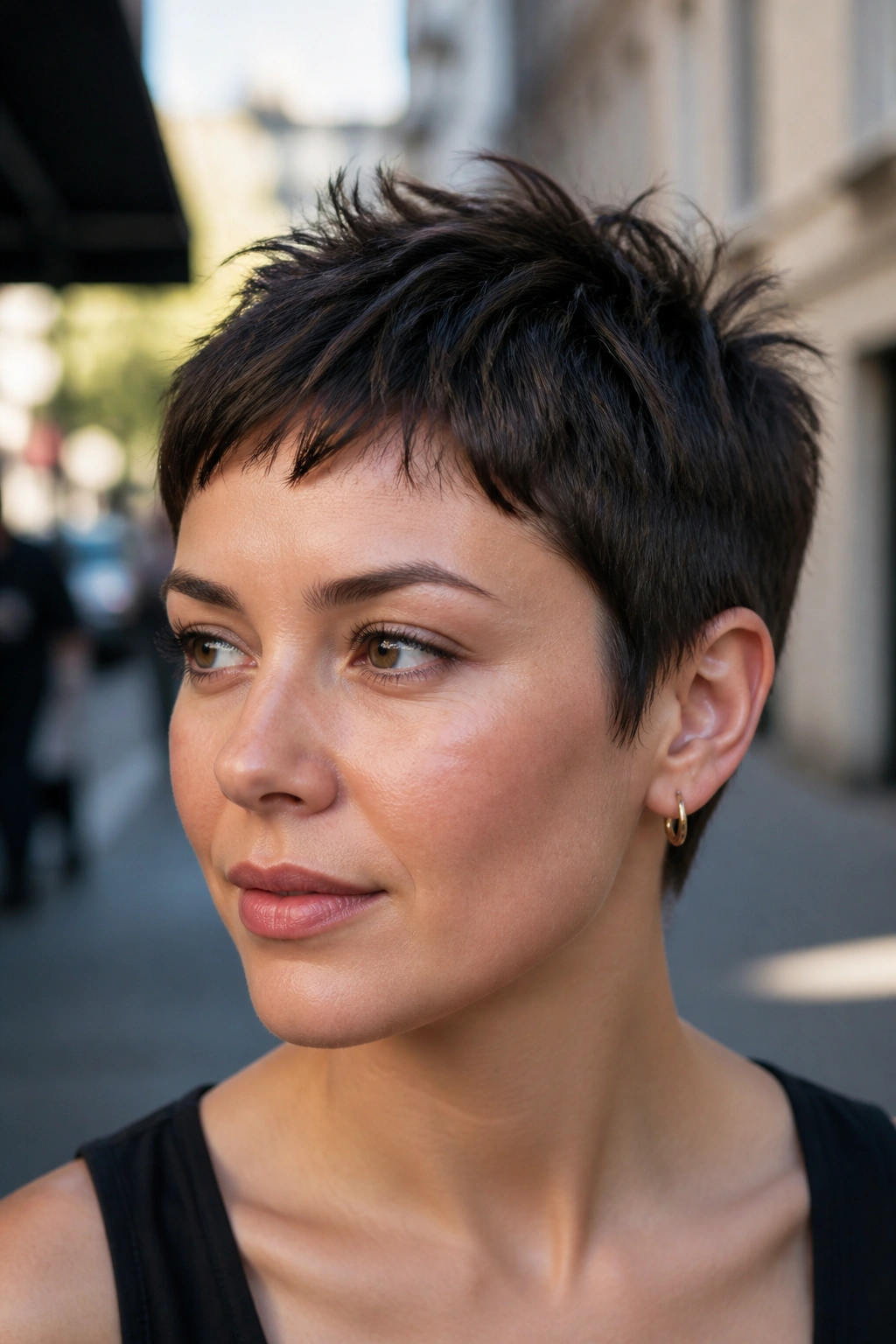 Real woman with textured crop and piecey ends on urban sidewalk.