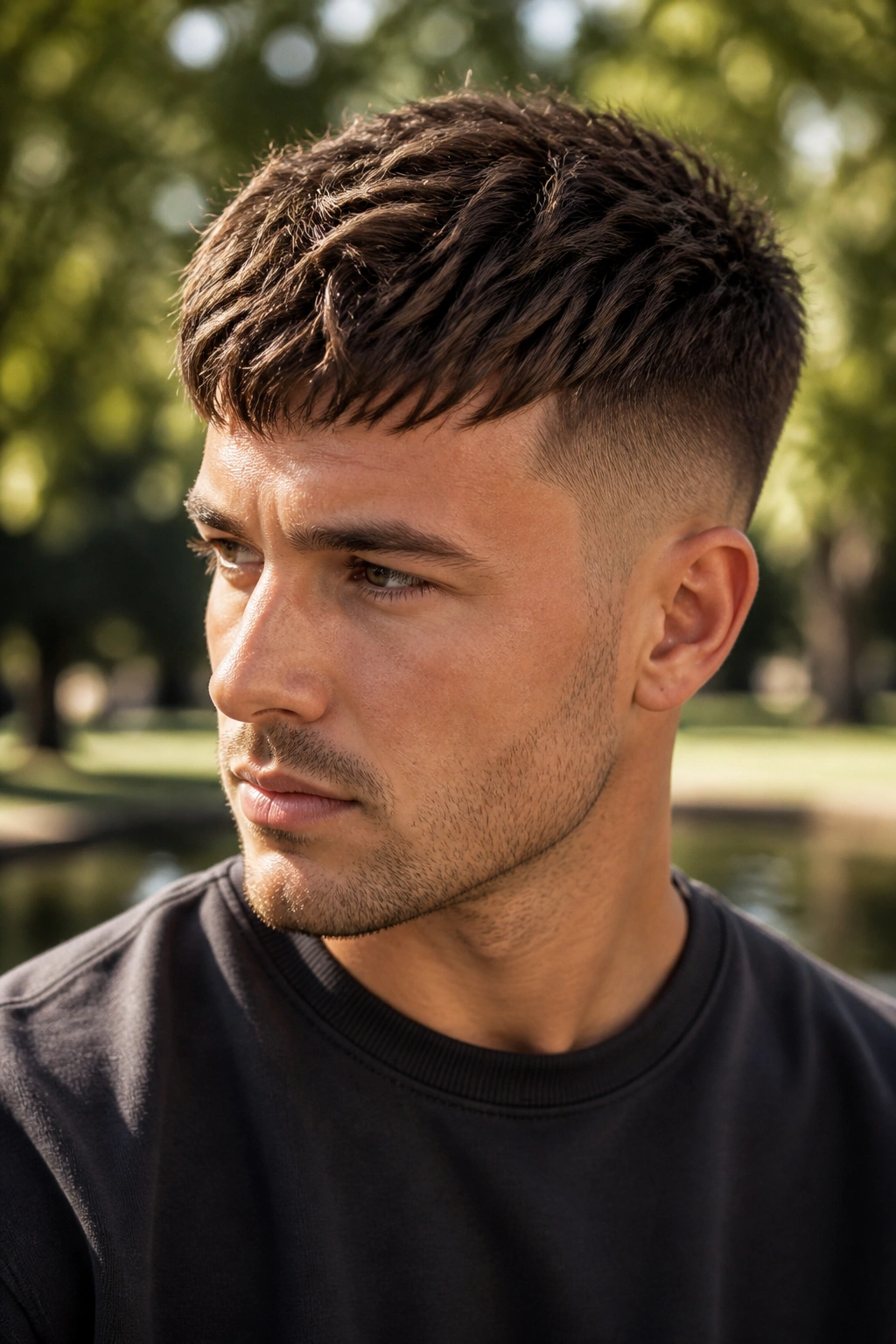 Close-up of real person with textured crop hairstyle in park light