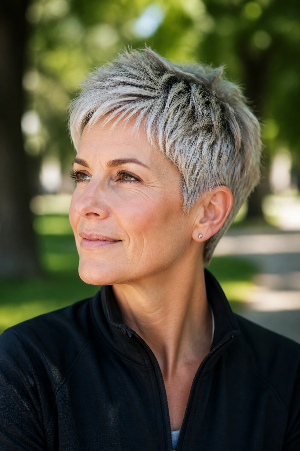 Portrait of a woman with a textured crop and piecey separation in an outdoor setting.