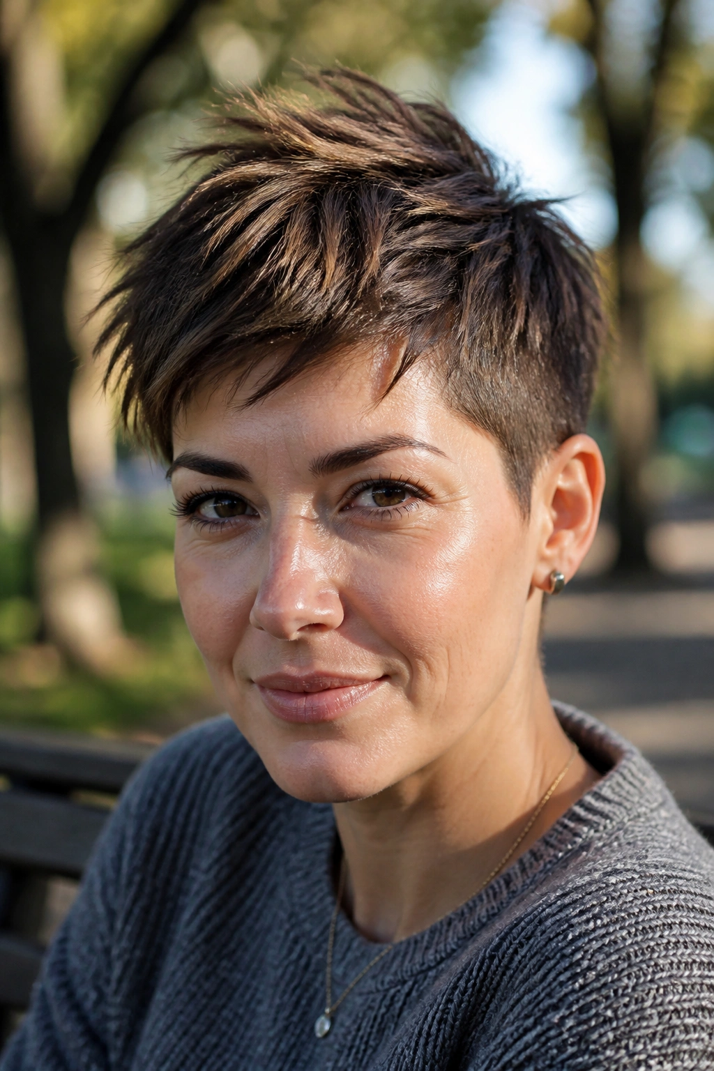 Close-up of a real woman with textured crop and piecey layers in park light