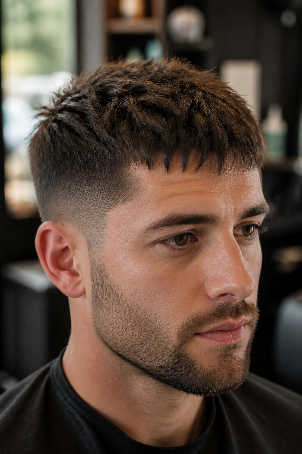 Close-up portrait of a real man with textured crop and short taper in warm barber-shop light