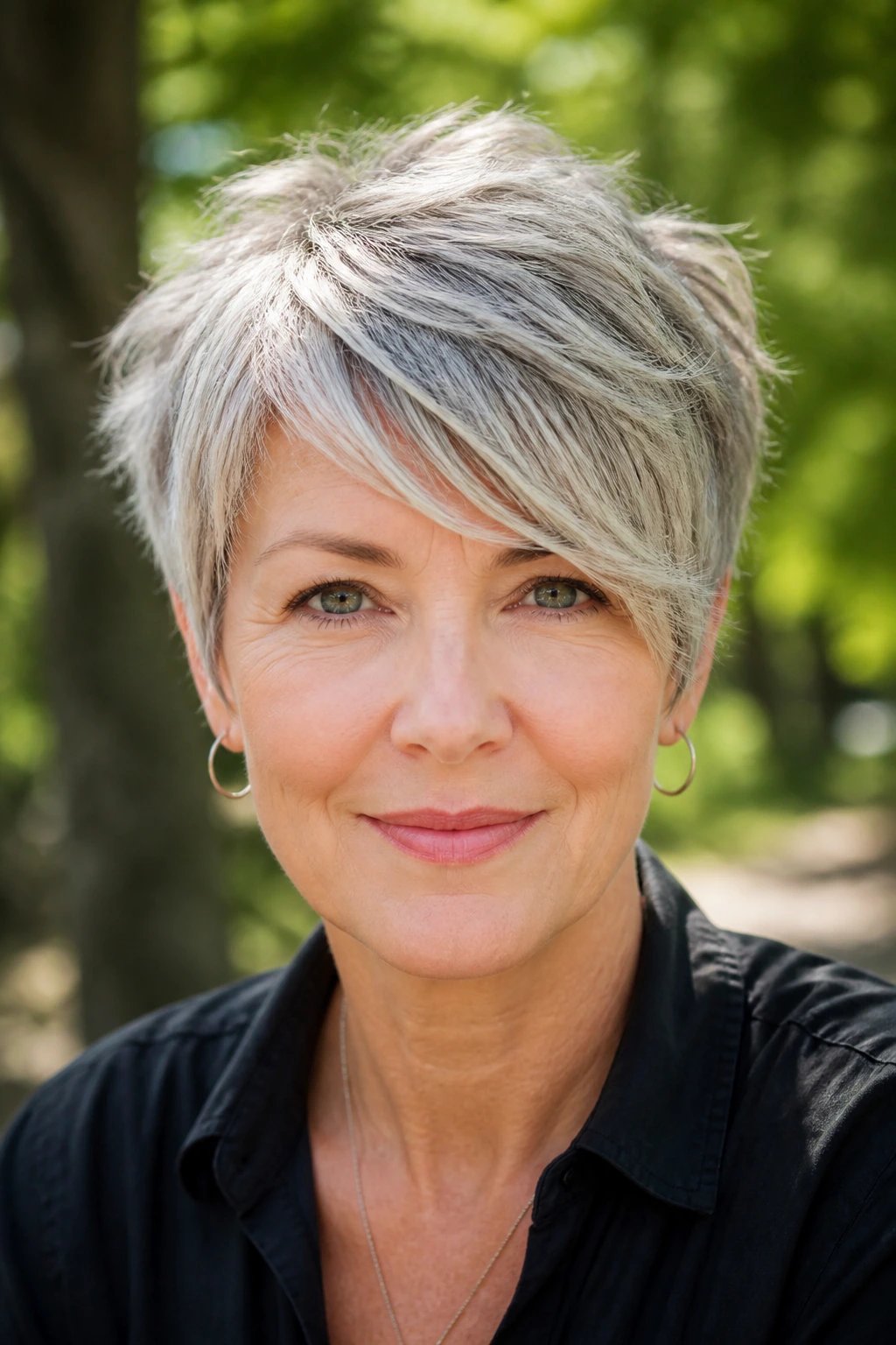 Real woman over 40 with textured crop and side-swept fringe in daylight