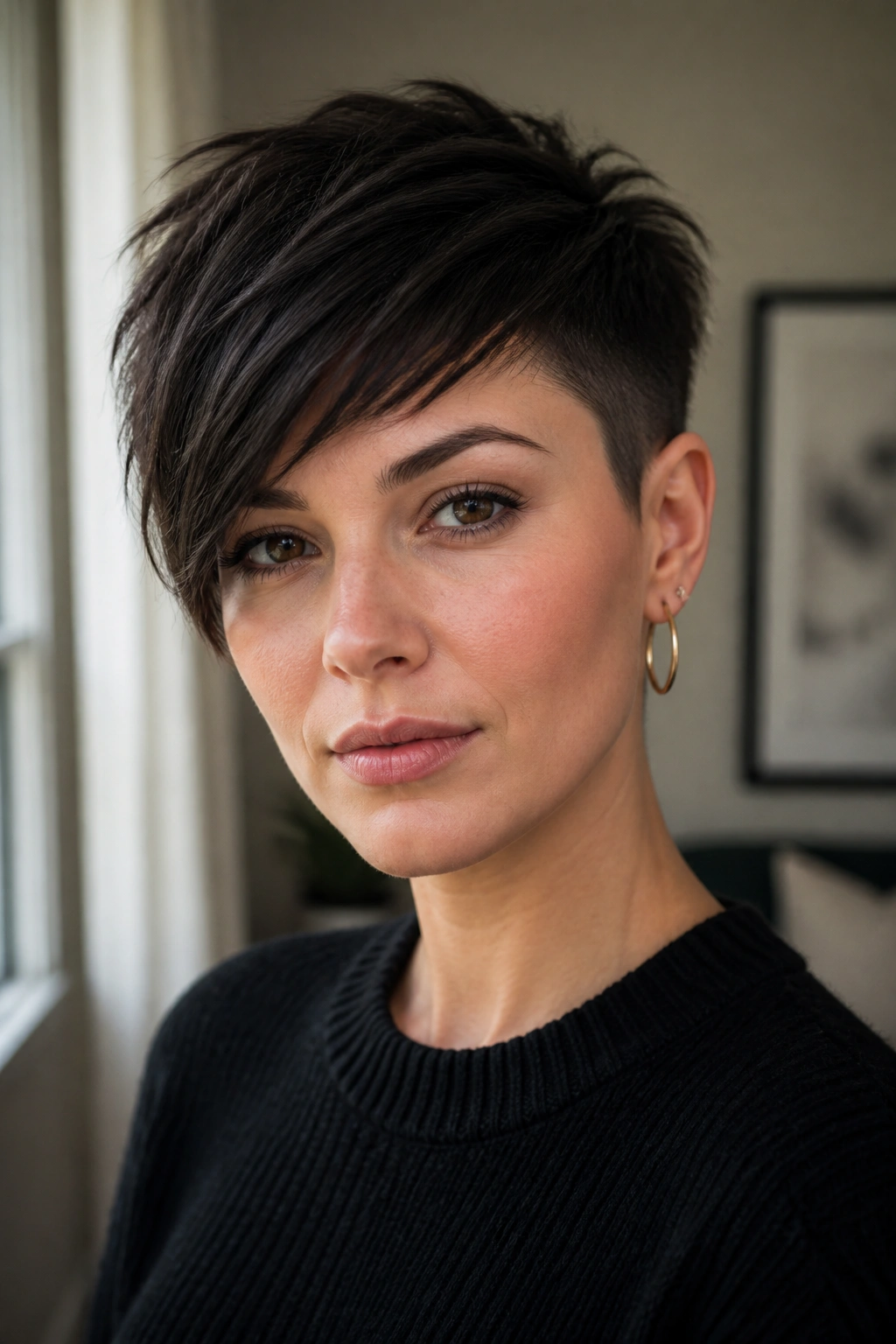 Close-up portrait of a real woman with a textured crop and side-swept top in warm natural light.