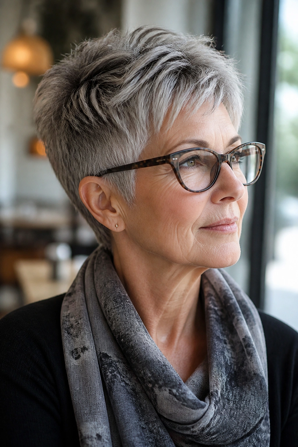 Close-up of older woman with textured crop and tapered nape wearing glasses by a cafe window