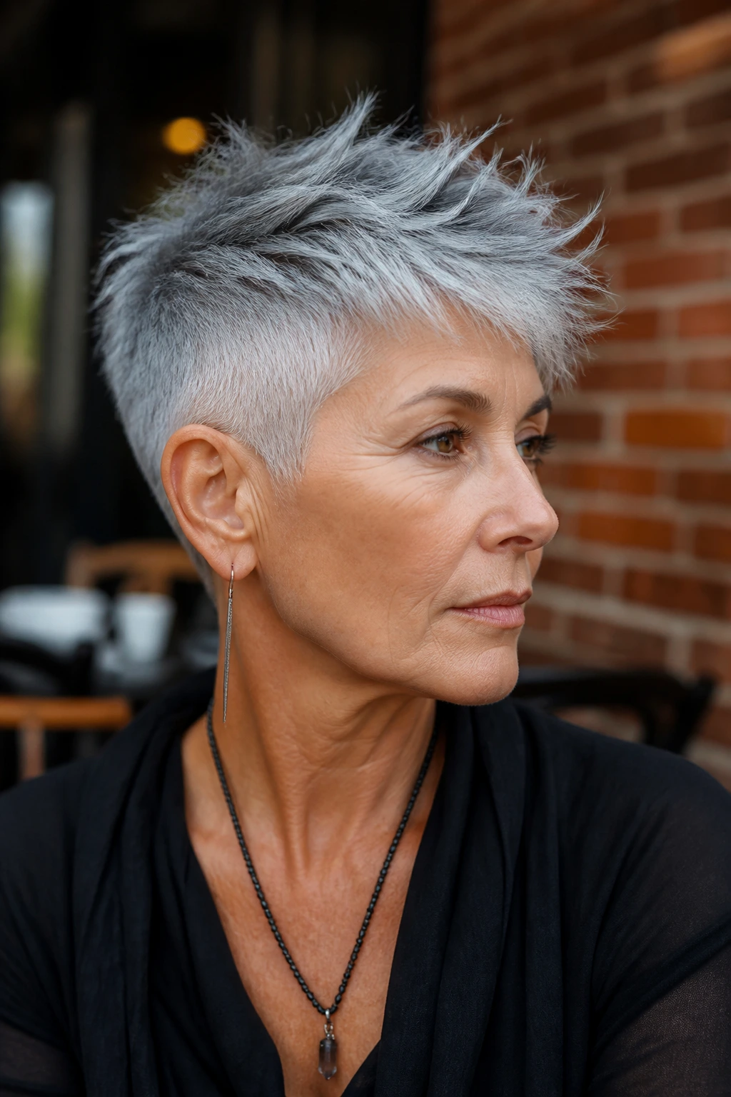 Close-up of an older woman with a textured crop and undercut hairstyle.