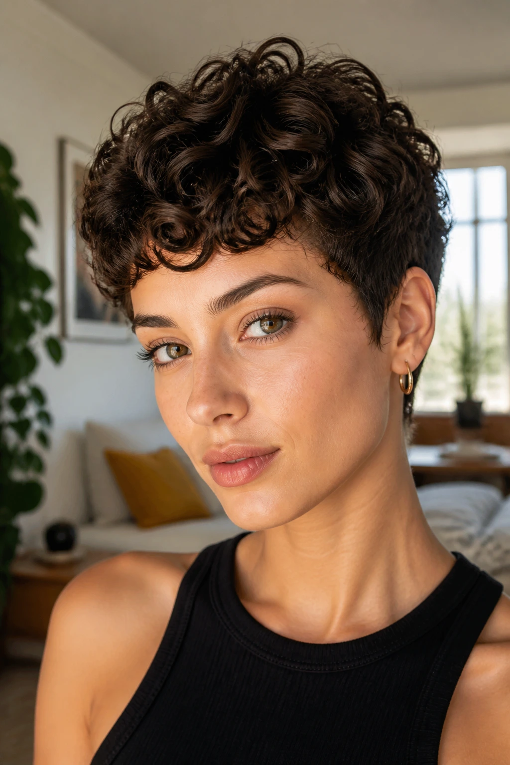 Close-up of a real person with a textured curly crop and defined curls